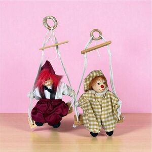 Vintage‎ Marionette Clown Dolls on Wooden Swings Set of 2 Hand-Painted 6"